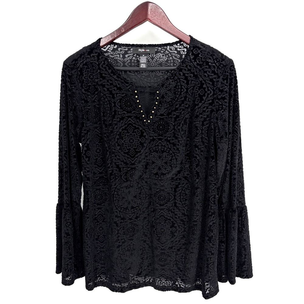 Y2K VTG Women's Velvet Black Burnout Top‎ Bell Sleeve Floral M Whimsigoth Fairy